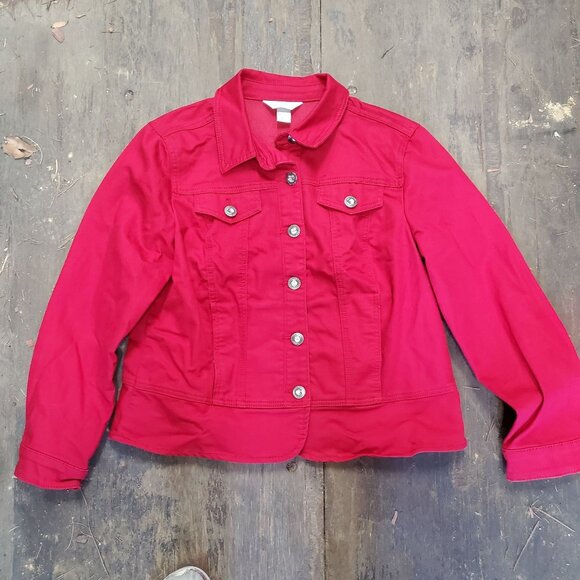 Christopher & Banks Jacket Women Large Red Denim Button Front Rhinestone Trucker - Picture 1 of 10